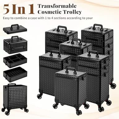AROUS 5 in 1 Rolling Makeup Train Case Cosmetology Case on Wheels Large Cosmetic Organizer Travel Cart for Hairstylist Artist Nail Beauty Salon Barber,Black - Image 2