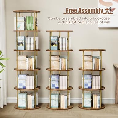ALLSTAND 5 Tier Rotating Bookshelf, 360 ° Display Stackable Spinning Bookshelf Tower, Narrow Space Saving Tall Floor Standing Swivel Bookcase Corner Storage Organizer for Bedroom, Living Room, Gold - Image 5