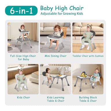 Convertible Baby 6-in-1 High Chair, for Children 6-36 Months with Safety Harness, Removable Tray & PU Cushion, Gray - Image 4