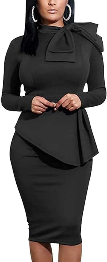 Women's Peplum Bodycon Long Sleeve Wear to Work Dresses Bow Party Club Ruffle Formal Cocktail Pencil Dress - Image 1