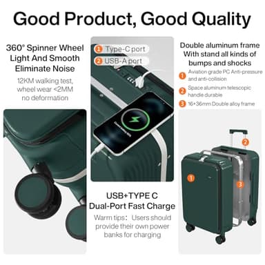 mixi Carry On Luggage with Cup Phone Holder and Charger Hard Shell Suitcases with Spinner Wheels,20 Inch Blackish Green - Image 5
