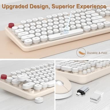 Cream Wireless Keyboard Mouse, COOFUN 104 Keys Full Size White Keyboard Ergonomic Cordless Keyboards Cute Colorful Retro Typewriter Key Board for Windows, PC, Laptop, Desktop (Creamy) - Image 3