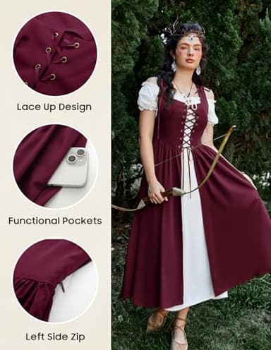 Scarlet Darkness Medieval Dress for Women Renaissance Costume Fairy Elf Short Sleeve Irish Chemise Dress & Overdress Wine 2XL - Image 2