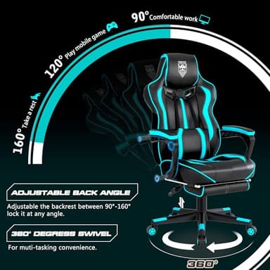 Vonesse Gaming Chairs for Adults, Gaming Chairs with Footrest and Massage, Reclining Computer Chair for Heavy People,Big and Tall Ergonomic Gamer Chair with Lumbar Pillow(Teal/Cyan) - Image 7