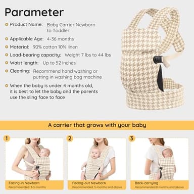 Baby Carrier Newborn to Toddler- Ergonomic,Cozy and Lightweight Infant Carrier for 7-40lbs,3 Carry Positions Newborn Carrier,Houndstooth - Image 6