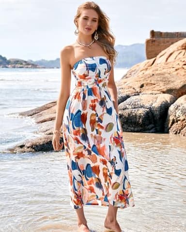 GRACE KARIN Women Strapless Casual Loose Ruched Long Maxi Dress with Pockets Blue Brown - Image 2