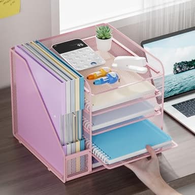 Marbrasse Desk Organizers and Accessories, 5-Tier Paper Letter Tray Organizer with File Holder, Mesh File Organizer, Office Desk Accessories & Organization for Supplies (Pink) - Image 3