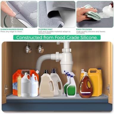 TRZZ Silicone Waterproof Under Sink Mat 34" x 22", Drip Tray and Cabinet Liner for Kitchen and Bathroom, Prevents Water Damage and Organizes Cabinets (Grey) - Image 3