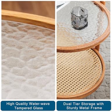VINGLI 38" Rattan Oval Coffee Table, Water-Wave Glass Metal Center Table, Modern Coffee Table with 2-Tier Storage, Farmhouse Coffee Table for Living Room and Small Space, Natural Vibe - Image 4