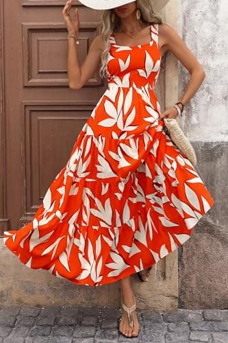 PRETTYGARDEN Women's Summer Floral Maxi Dress Sleeveless Smocked Ruffle Long Flowy Beach Vacation Boho Sundresses (Floral Orange Beige,Small) - Image 3