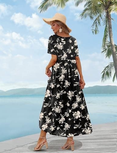 YESNO Women Casual Loose Bohemian Floral Dress with Pockets Short Sleeve Long Maxi Summer Beach Swing Dress L EJF CR346 - Image 4