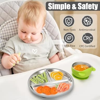 MISSLILI Stainless Steel Baby Plate and Bowls with Suction, Divided Kids Baby Plate and Toddler Bowl with Removable Silicone Suction, Non-Slip Baby Feeding Set Dishwasher Safe，4 Packs - Image 4