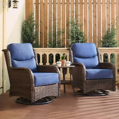HILLGA Luxury Patio Furniture Set with 6-inch Thick Cushion, Outdoor High Back Swivel Rocker Patio Chairs, 3PCS Wicker Conversation Set for Deck Yard and Poolside, Blue (V2) - Image 1