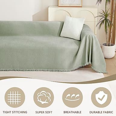 MYSKY HOME Sectional Couch Cover Blanket Living Room Furniture Protector for Pets, Farmhouse Home Decor Sofa Covers Tassel Chenielle Sofa Slipcover Soft Throw Couch for Dogs, 71" X 150", Sage Green - Image 2