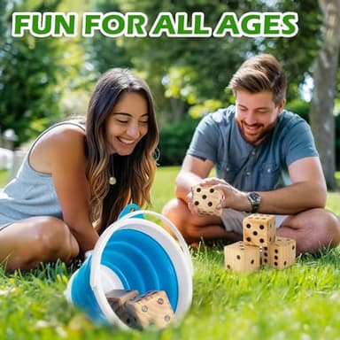 ropoda 3.5" Giant Wooden Yard Dice Set for Outdoor Fun, Barbeque, Party Events, Backyard Games, Lawn Games Includes 6 Dice, Collapsible Bucket, Score Cards & Dry Erase Marker - Image 2