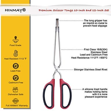 HINMAY Stainless Steel Scissor Tongs 10-Inch and 12-Inch Set, Set of 2 - Image 3