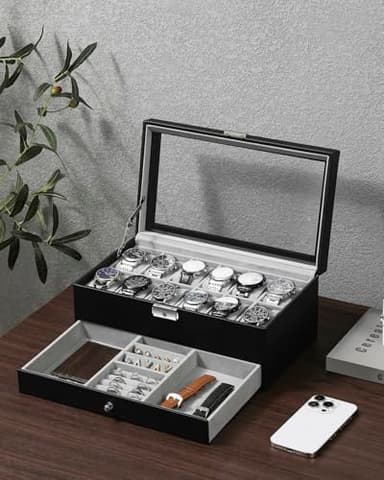 GUKA Watch Box 12 Slot Watch Display Organizer Leather Jewelry Case Drawer Glass Birthday for Men Women, Child Husband Dad - Image 2
