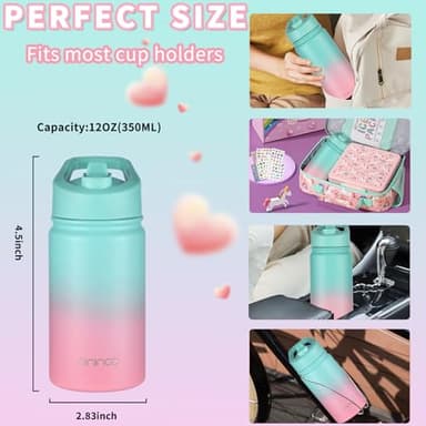 Mininoo Insulated School Water Bottle, 12 oz Stainless Steel Water Bottle with Straw Lid and Chug Lid for Girls, Boys (SKY/PINK) - Image 4