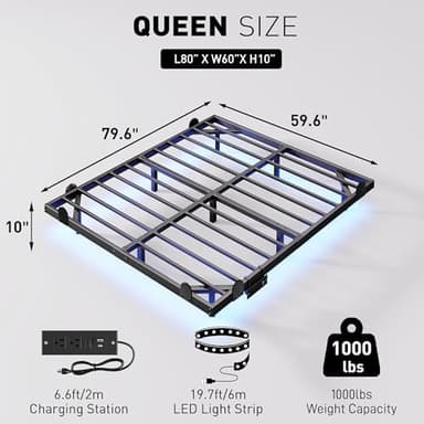 10 Inch Floating Queen Bed Frame with Smart LED Lights and Charging Station, Modern Metal Queen Bed Frame, Easy to Assemble, No Box Spring Needed (Queen) - Image 2