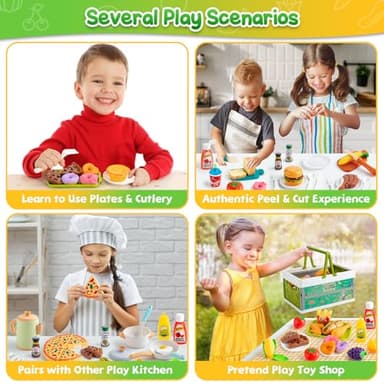 78Pc Pretend Play Food for Kids Kitchen, Cutting Toy Food with Storage Basket, Play Kitchen Accessories, Food Toys with Veggies, Fruits, Fake Food with Pizza Toy, Pretend Food, Boys Girls Gift - Image 4