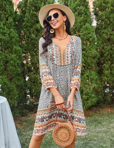 Bluetime Women Casual Summer Dress Boho V Neck 3/4 Sleeve Babydoll Floral Print Flowy Beach Dress (L, Light Apricot) - Image 3