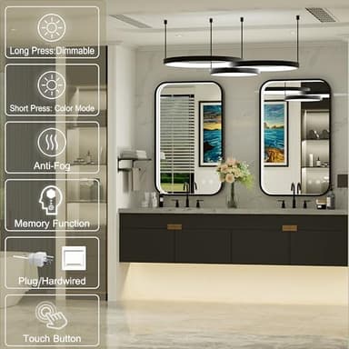 JSneijder LED Mirror for Bathroom 24x36 Inch Black - 3 Color Lights (3000K/4500K/6000K), Stepless Dimmable, Anti-Fog, Memory Function, Wall Mounted Lighted Bathroom Vanity Mirror, Horizontal/Vertical - Image 7