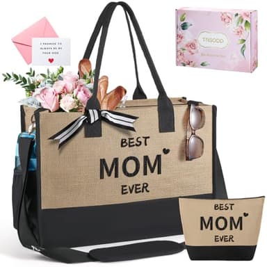 TRSODD Mothers Day Gifts for Mom from Daughter Son New Mom Birthday Gifts for Women Jute Embroidered Tote Bag and Makeup Bag - Image 1