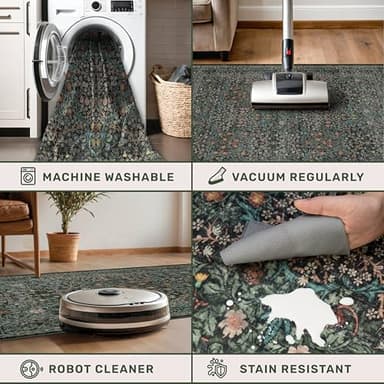 Washable Dark Green Rug for Living Room - 9x12 Large Area Rug for Dining Room Under Table, Bedroom, Soft Low Pile Non-Slip Stain Resistant Carpet - Vintage Floral Design (9x12 Dark Green) - Image 5
