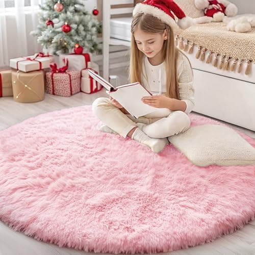 OLANLY Pink Round Rugs for Bedroom - Machine Washable, 4 ft Circle Area Rugs for Living Room, Soft and Fluffy Shaggy Carpet for Teen Girls and Boys, Nursery Rooms, Dorms, Home Decor Aesthetic - Image 1