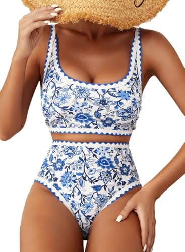 Herseas Women's Bikini Sets Floral Print Whip Stitch 2 Piece Modest Swimsuits High Waisted Scoop Padded Blue Bathing Suits Medium - Image 1