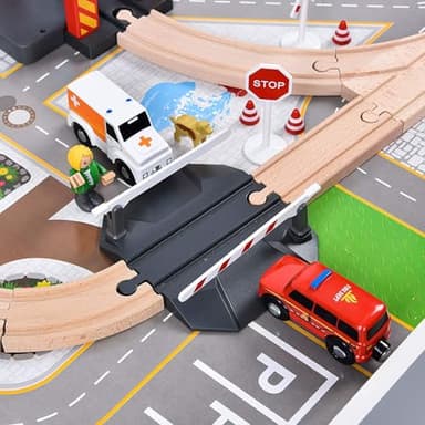 Giant bean 72PCS Fire Station Wooden Train Track Electric Train Set, Gift Packed Toy Railway Kits for Kids, Toddler Boys and Girls 3,4,5 Years Old and Up, Christmas Birthday Gift Toy for Kids - Image 8