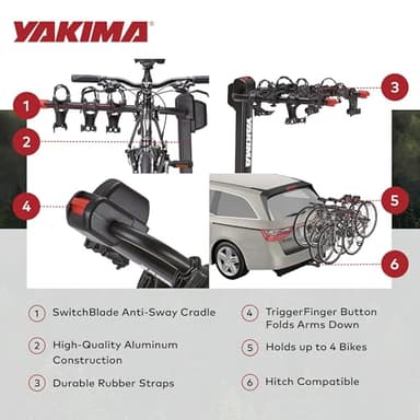 YAKIMA DoubleDown 4 - Tilting Hitch-Mounted Bike Rack for Cars, SUVs, Trucks and More, Fits 1.25” and 2” Hitches, Anti-Sway and Folding Arms, Carries 4 Bikes - Image 4