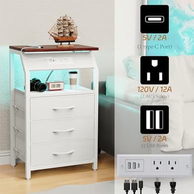 SZLHANJZ End Table with LED Lights, Nightstand with Charging Station and 3 Drawers, Small Side Table with Fabric Storage for Bedside, Living Room, Dorm, White and Walnut - Image 6
