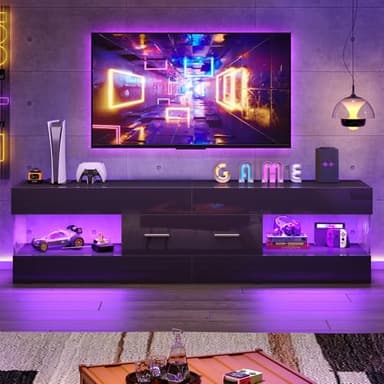 Bestier Black TV Stand for 55/60/65 Inch TV, High Gloss Modern TV Stand with Stone-Patterned Side Panels, LED Entertainment Center with Large Drawer, TV Consoles for Living Room, Bedroom - Image 3
