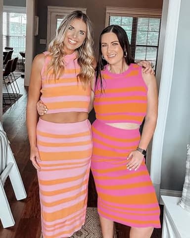 Arach&Cloz Women's 2 Piece Sets 2025 Summer Mom Outfits Travel Matching Clothing Fall Fashion Dressy Vacation Striped Tank Top Midi Skirt Going Out Date Night Sweater Lounge(pink-orange,M) - Image 4