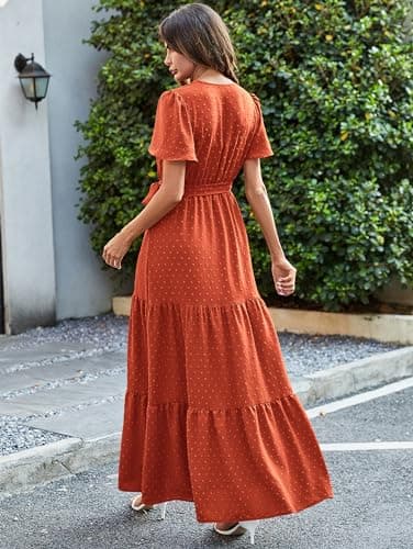 MASCOMODA Women Boho Swiss Dot Maxi Dresses Wrap V Neck Flutter Short Sleeve Solid Tie Waist A Line Tiered Flowy Long Dress(Burnt Orange,X-Large) - Image 5
