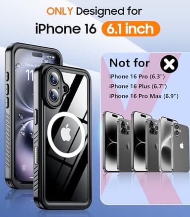 Temdan Magnetic for iPhone 16 Case Waterproof,Built-in Screen Protector[IP68 Underwater][Upgrade Military Dropproof][Compatible with MagSafe] Full Body Shockproof for Case 6.1''-Black - Image 4