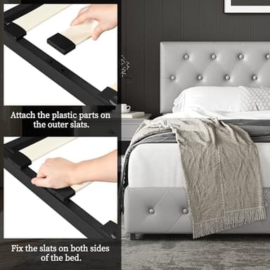 Yaheetech Queen Bed Frame with Adjustable Diamond Button-Tufted Headboard/3 Drawers Storage, Queen Platform Bed/Strong Wooden Slats, Light Gray - Image 8