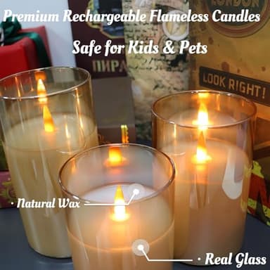 200 Hours Rechargeable Flickering Flameless Candles, Rechargeable Battery LED Glass Pillar Candle with Remote and Timer, Real Wax Warm Color for Halloween Christmas Wedding Home Party Decor - Image 3