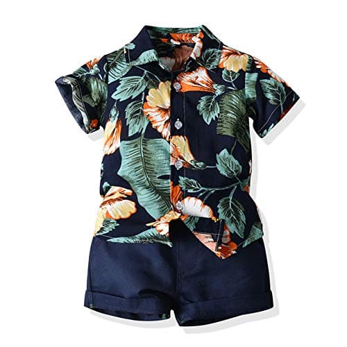 JunNeng Toddler Baby Boy Shorts Sets Hawaiian Outfits,Tropical Floral Short Sleeve Shirt +Elastic Shorts Vacation Clothes,Navy Blue 4-5 Years - Image 1