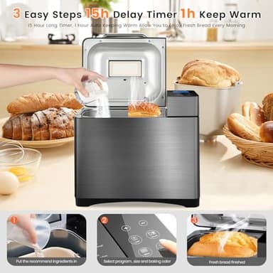 KBS 17-in-1 Bread Maker-Dual Heaters, 710W Machine Stainless Steel with Gluten-Free, Dough Maker,Jam,Yogurt PROG, Auto Nut Dispenser,Ceramic Pan& Touch Panel, 3 Loaf Sizes 3 Crust Colors,Recipes - Image 6