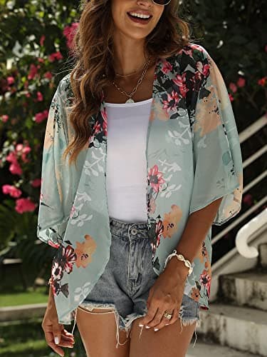Chunoy Women Casual Plus Size Floral Print Short Sleeve Cardigan Loose Beach Wear Kimono Cover Up Blouse Tops 4X-Large Green - Image 3