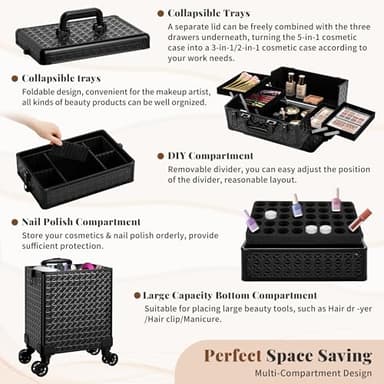 AROUS 5 in 1 Rolling Makeup Train Case Cosmetology Case on Wheels Large Cosmetic Organizer Travel Cart for Hairstylist Artist Nail Beauty Salon Barber,Black - Image 6