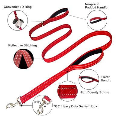 Dual Padded Handle Walking and Training Standard Leashes for Large Breed Dogs That Pull with Reflective Stitching, 360° Rotatable Heavy Duty Metal Buckle,D-Ring,Durable Nylon, 6Ft Long for Big Dogs - Image 2