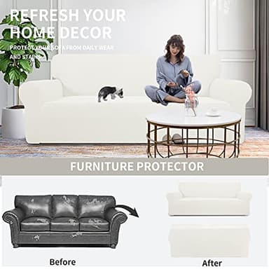 Easy-Going Stretch Sofa Slipcover 1-Piece Sofa Cover Furniture Protector Couch Soft with Elastic Bottom for Kids, Polyester Spandex Jacquard Fabric Small Checks (Sofa, Cream) - Image 4