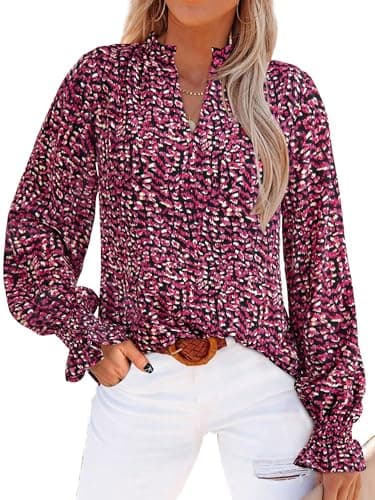 MASCOMODA Womens V Neck Floral Long Sleeve Tops 2025 Summer Casual Loose Puff Sleeve Chiffon Boho Work Blouse Dressy T Shirts(Floral Black Red,X-Large) - Image 1