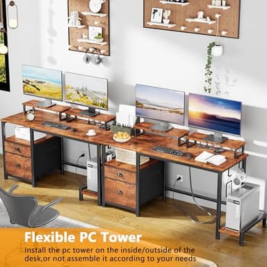 Furologee 47" Computer Desk with File Cabinet and Power Outlets, Home Office Desk with 2 Monitor Stands and Storage Drawer, Writing Gaming Table with Shelves and 2 Hooks for Bedroom, Rustic Brown - Image 6