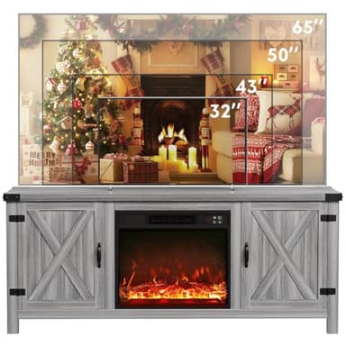 YESHOMY Fireplace TV Stand with Two Barn Doors and Storage Cabinets for Televisions up to 65+ Inch, Entertainment Center Console Table, Media Furniture for Living Room, 58 Inch, Gray Wash - Image 8