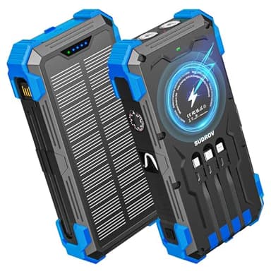 Sudrov Solar Charger Power Bank, 42800mAh Wireless Portable Charger with USB-C in/Output, QC3.0 Fast Charging 15W 4 Ports Outdoor Battery Pack Built-in Dual Led Flashlights for iPhone Samsung etc - Image 1