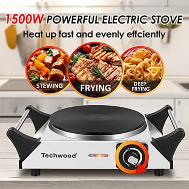 Techwood Hot Plate for Cooking, 1500W Electric Stove Countertop Single Burner with Adjustable Temperature & Stay Cool Handles, 7.5” Cooktop for Home/RV/Camp, Compatible for All Cookwares, Silver - Image 6